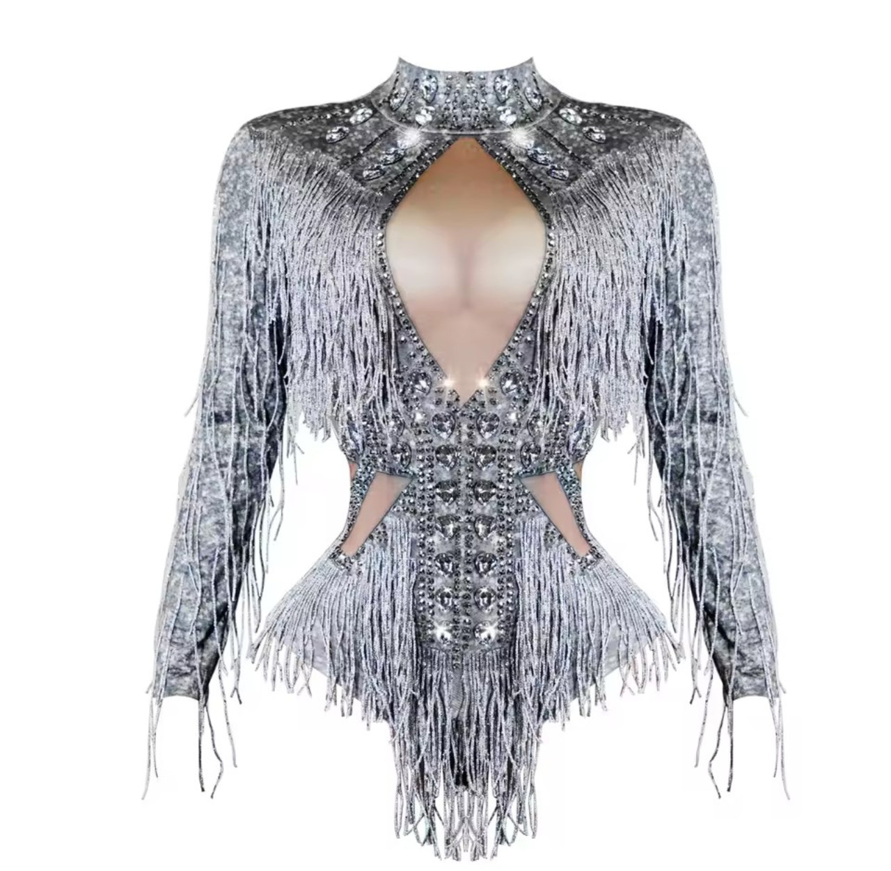 Silver Crystal Fringe Rhinestone Bodycon Cutout Long Sleeve Performance Costume Leotard