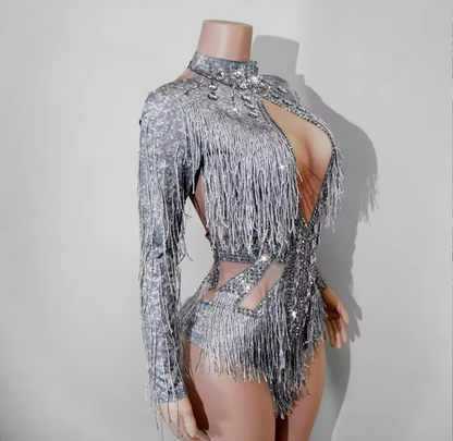 Silver Crystal Fringe Rhinestone Bodycon Cutout Long Sleeve Performance Costume Leotard