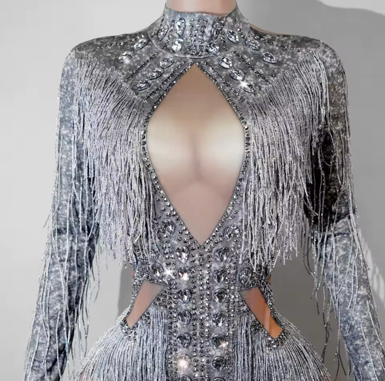 Silver Crystal Fringe Rhinestone Bodycon Cutout Long Sleeve Performance Costume Leotard