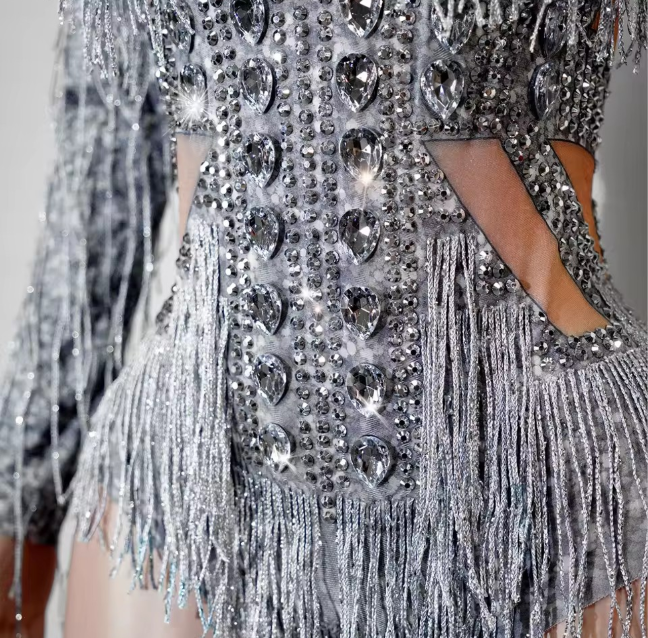 Silver Crystal Fringe Rhinestone Bodycon Cutout Long Sleeve Performance Costume Leotard