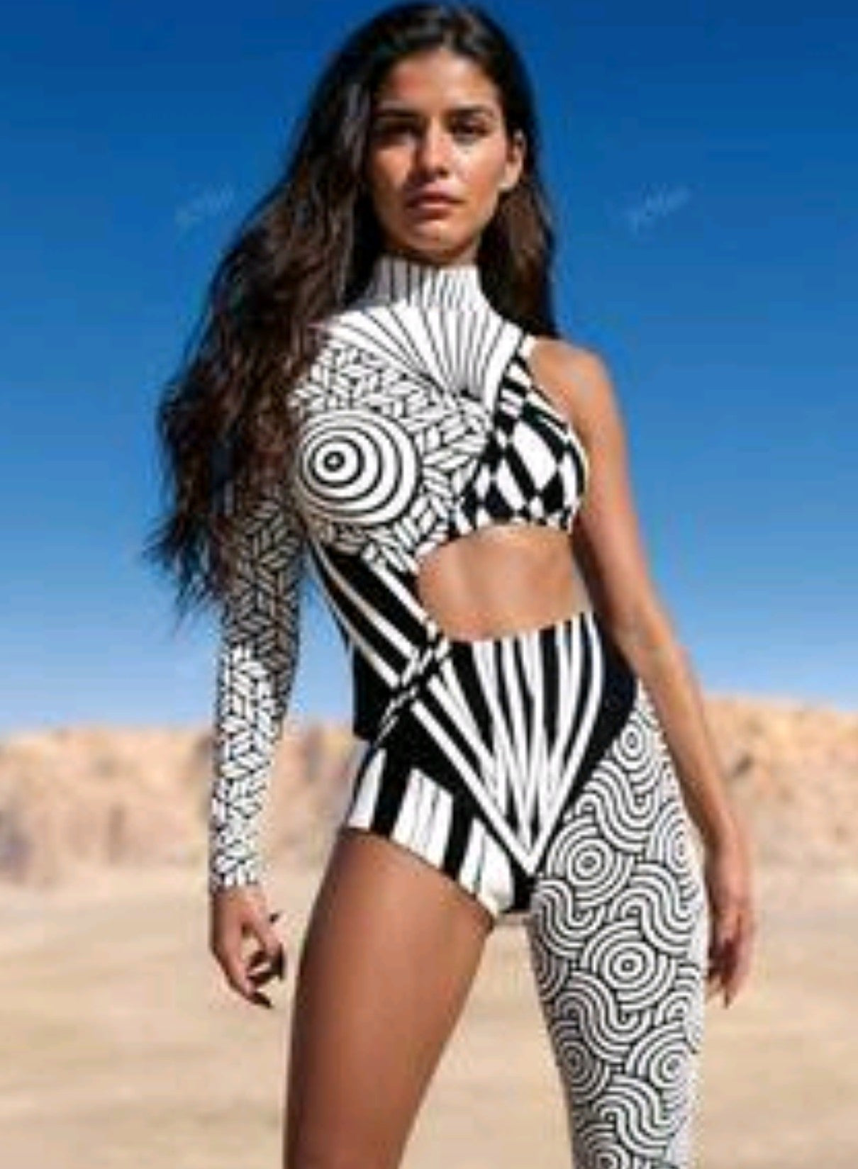 Black & White Geometric Pop Art Festival Set One Sleeve Turtleneck Cutout High Waist Half Pant