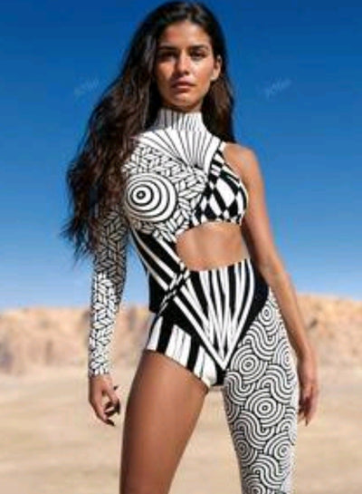 Black & White Geometric Pop Art Festival Set One Sleeve Turtleneck Cutout High Waist Half Pant