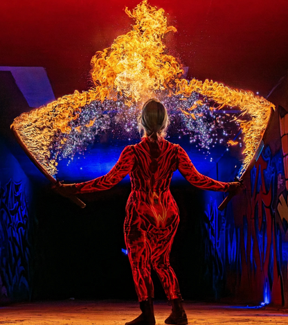 Red & Black Lava Fire Catsuit Full Body Long Sleeve Zipper Front Molten Vein Print Performance Jumpsuit