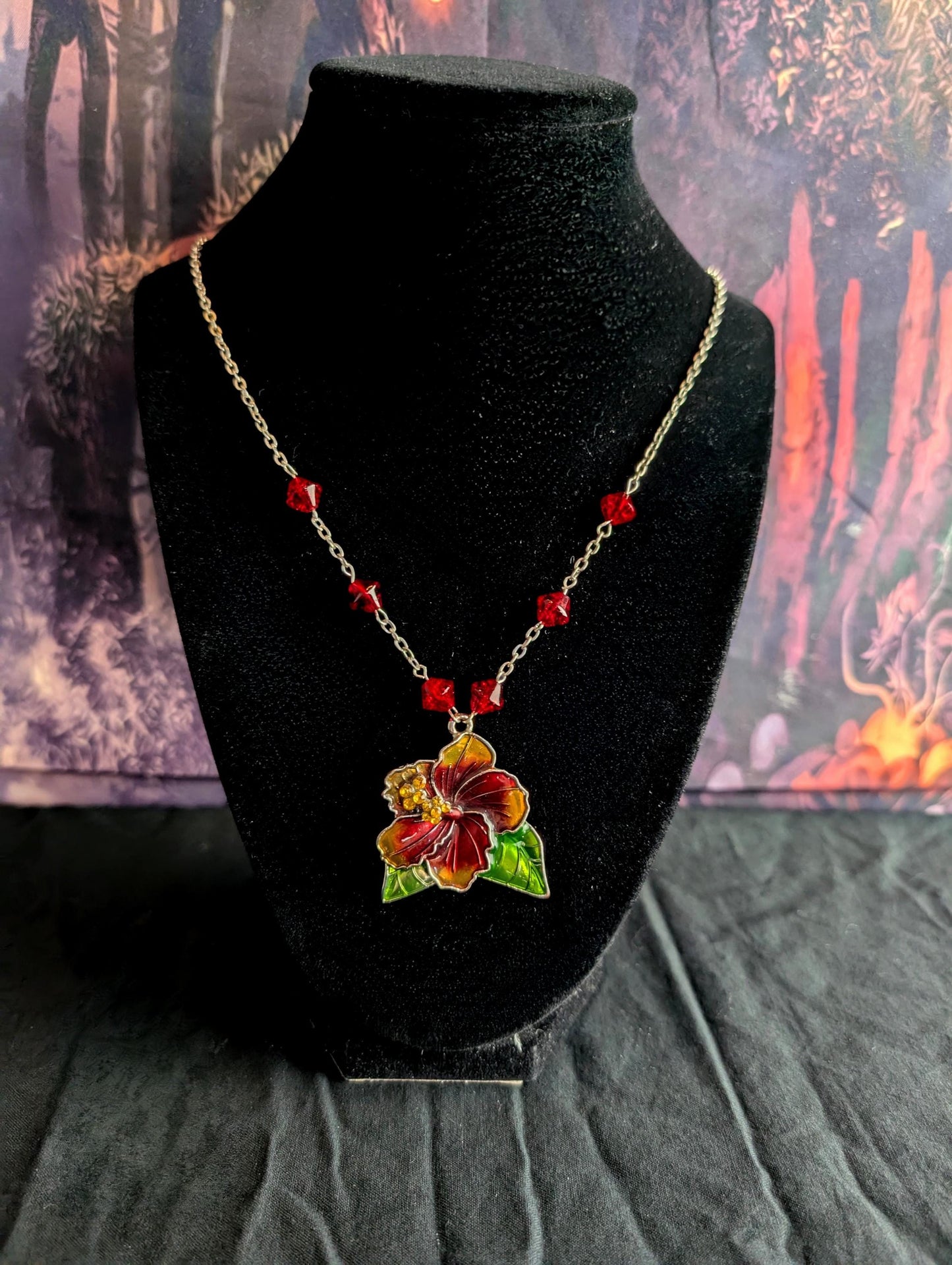 Enchanted Hibiscus Necklace Silver Chain Necklace with Diamond Beading Red Hibiscus Flower Pendant Charm Tropical Floral Jewelry Beach Gift