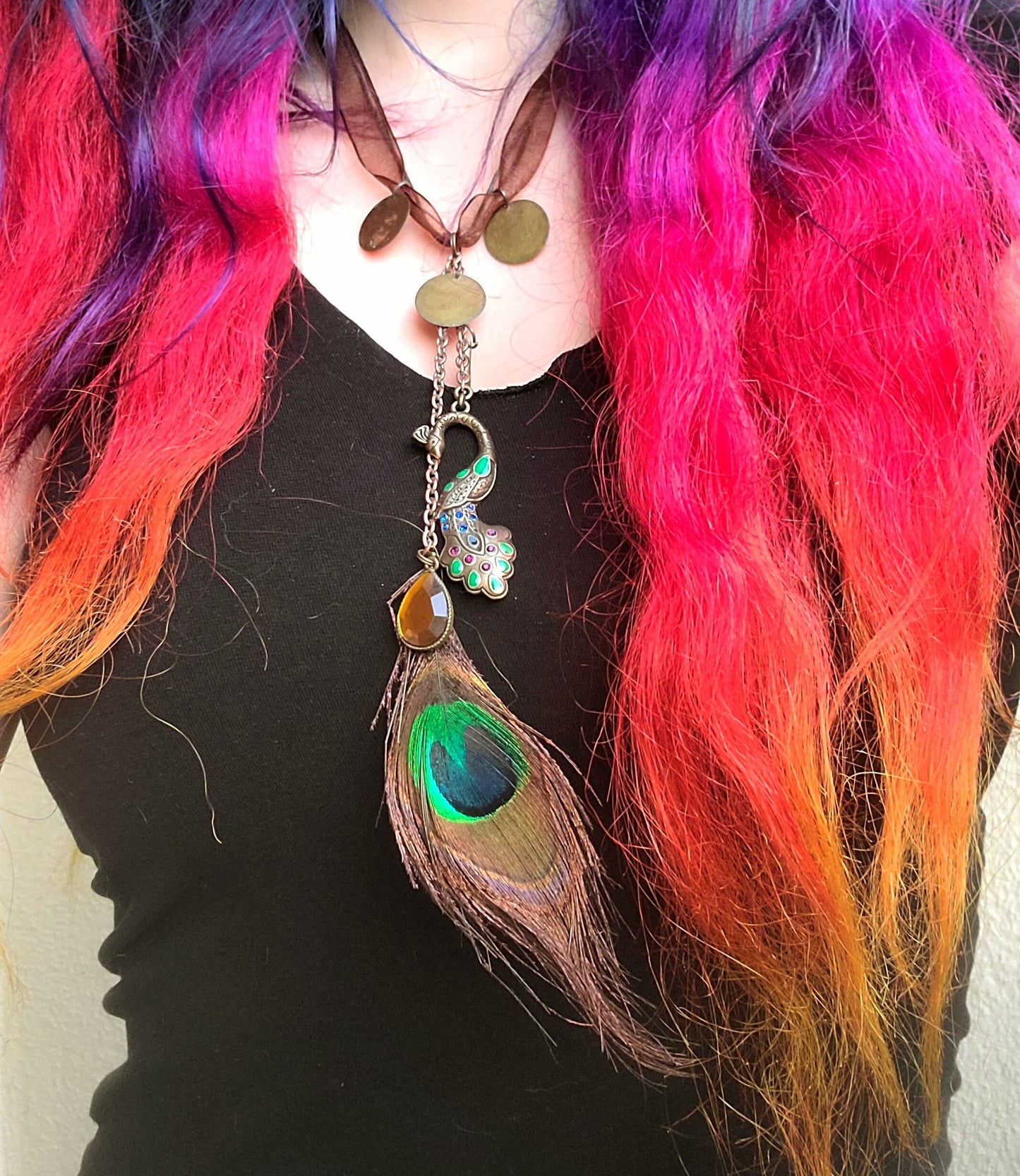 Peacock Feather Necklace Brown Ribbon Gold Silver Charms Brown Teardrop Stone Pendant Boho Festival Jewelry Statement Accessory