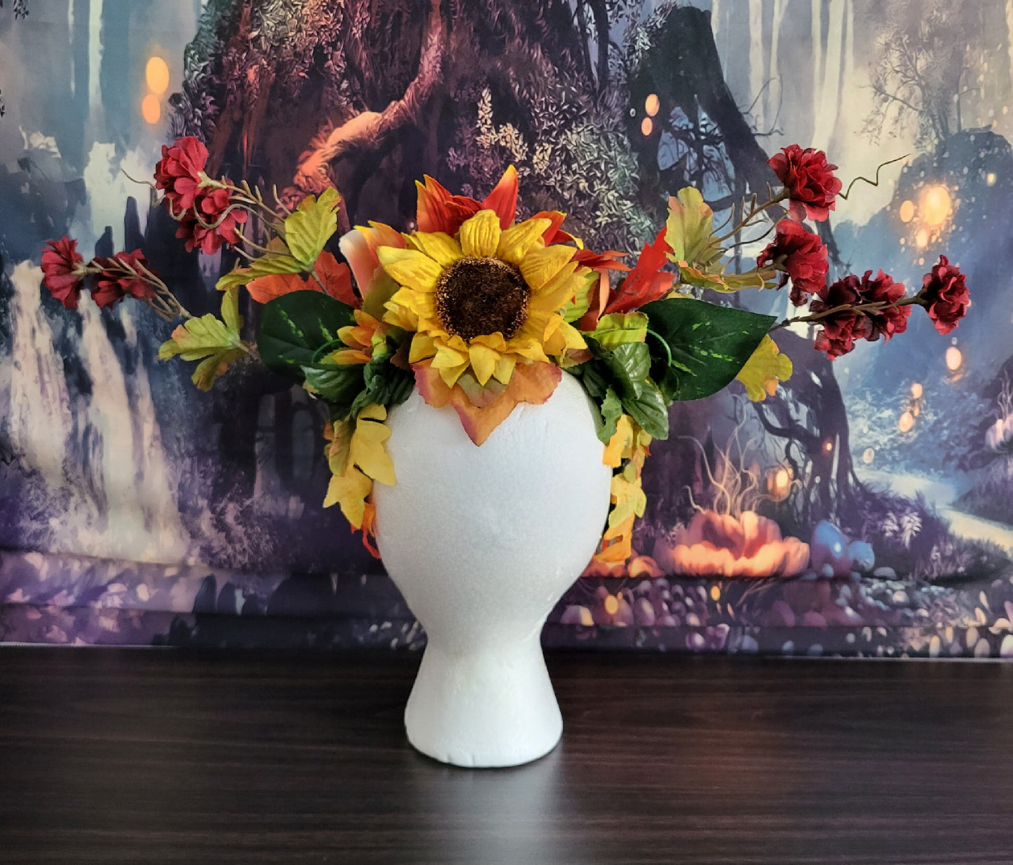 Goddess of Autumn Reversible Crown Fall Flower Crown Sunflower Orange Red Flowers Green Leaf Headdress Festival Cosplay Headpiece