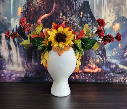 Goddess of Autumn Reversible Crown Fall Flower Crown Sunflower Orange Red Flowers Green Leaf Headdress Festival Cosplay Headpiece