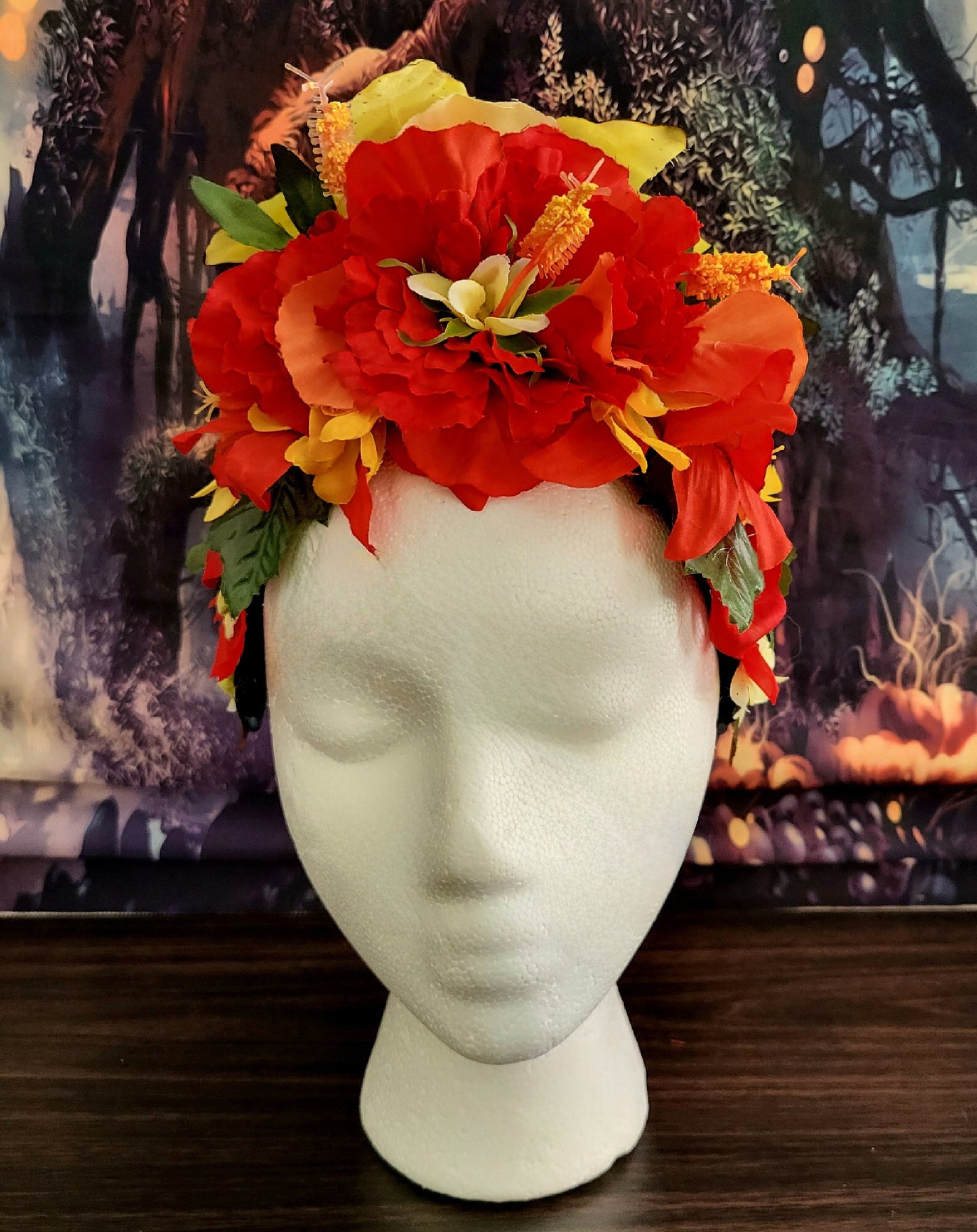 Reversible Fiesta Dia De Los Muertos Headdress Red Hibiscus Yellow Flower Crown Green Leaves Lily Festival Costume Headpiece