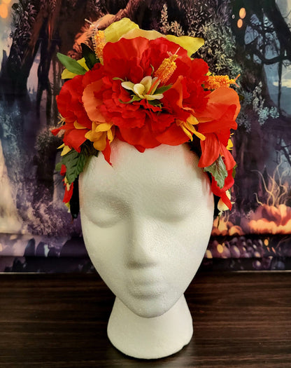 Reversible Fiesta Dia De Los Muertos Headdress Red Hibiscus Yellow Flower Crown Green Leaves Lily Festival Costume Headpiece