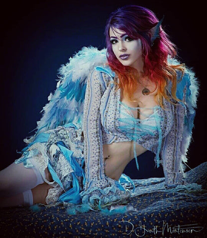 Sky Air Fairy Original Costume Blue White Outfit Tendril Skirt Shirt Corset Ribbon Front Long Bell Ruffle Sleeve Blue Feather Angel Wings
