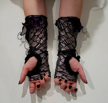 Witch Faerie Stars Moon Corset Lingerie Purple Red Mesh Star Print Sheer Overlay Dragon Scales Skirt Tendril Sleeves Fingerless Gloves Fairy