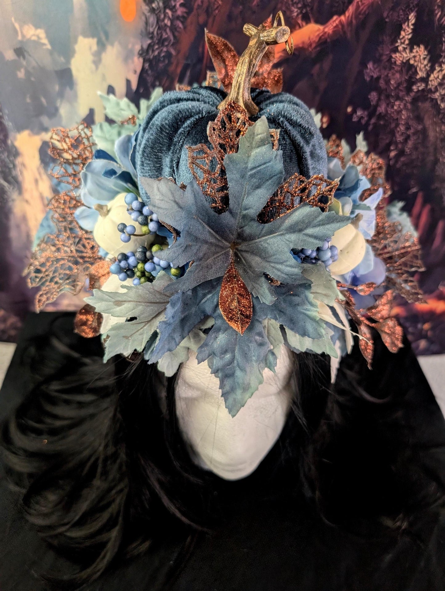 Blue Pumpkin Princess Queen Headdress Fantasy Halloween Crown Maple Leaf Headpiece Autumn Wedding Tiara Fairy Costume Fall Bride Bridal