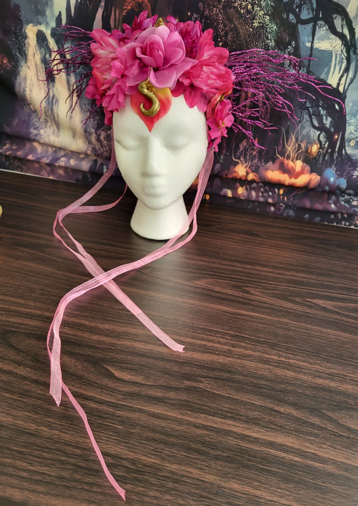 Unicorn Queen Headdress Hot Pink Flower Crown Gold Dragon Horns Fantasy Cosplay Headpiece Festival Costume Fairycore Faerie Accessories