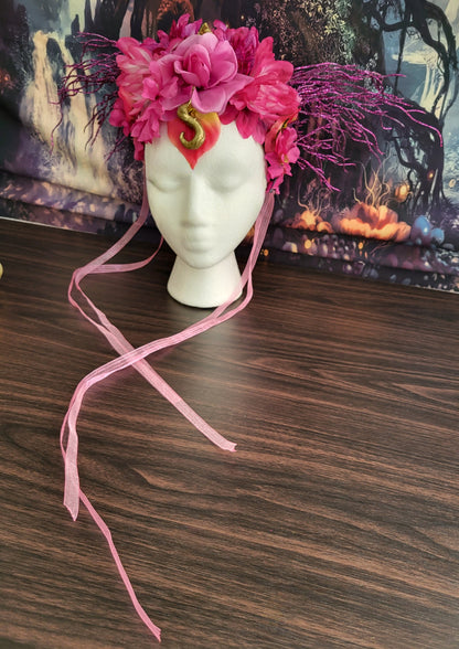 Unicorn Queen Headdress Hot Pink Flower Crown Gold Dragon Horns Fantasy Cosplay Headpiece Festival Costume Fairycore Faerie Accessories
