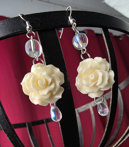 White Rosewater Earrings Dangle White Rose Charm Clear Iridescent Crystal Bead Romantic Floral Jewelry Boho Festival Accessory Tear Drop