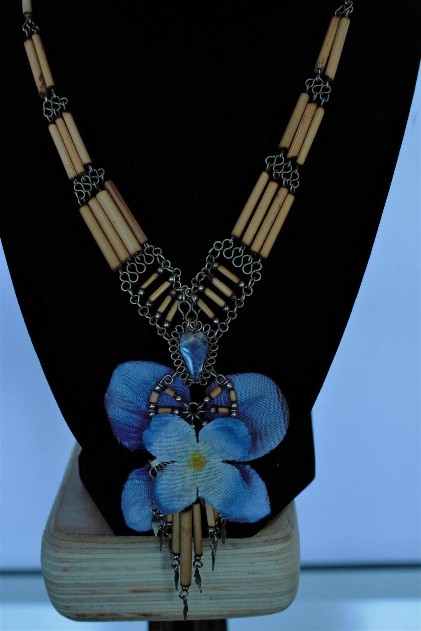Sodalite Hydrangea Native American Style Necklace Blue Flower Pendant Bone Beads Silver Wire Blue Petals Boho Festival Jewelry