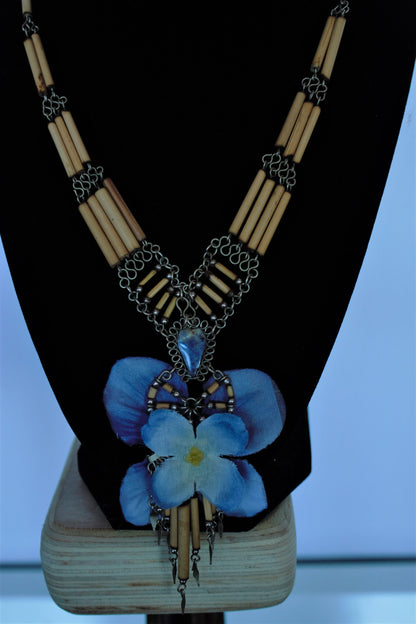 Sodalite Hydrangea Native American Style Necklace Blue Flower Pendant Bone Beads Silver Wire Blue Petals Boho Festival Jewelry