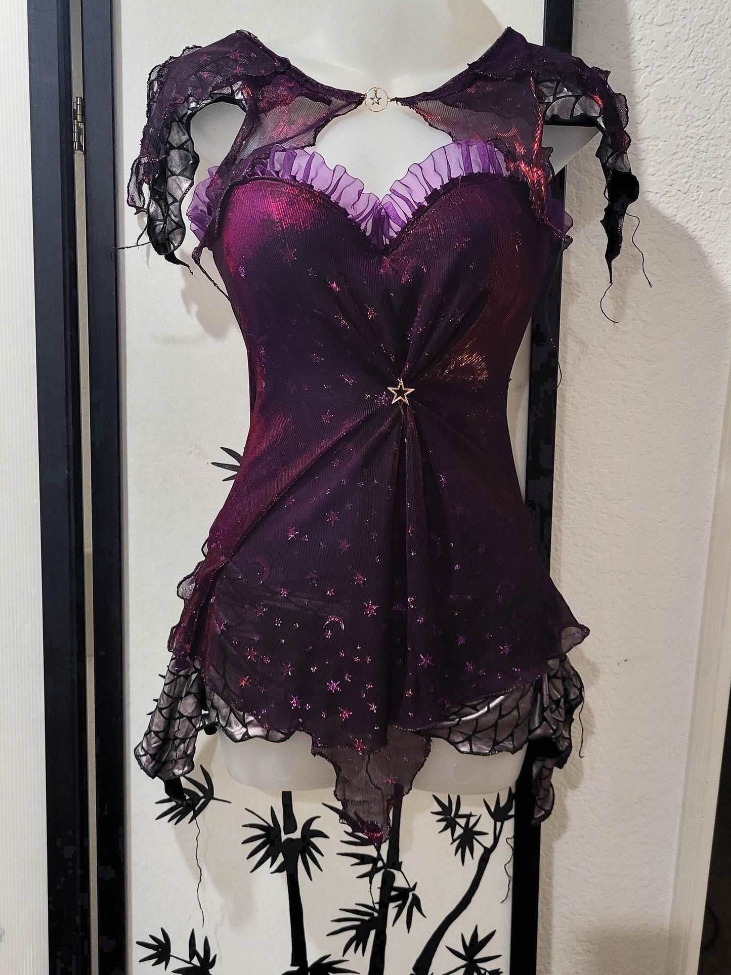 Witch Faerie Stars Moon Corset Lingerie Purple Red Mesh Star Print Sheer Overlay Dragon Scales Skirt Tendril Sleeves Fingerless Gloves Fairy