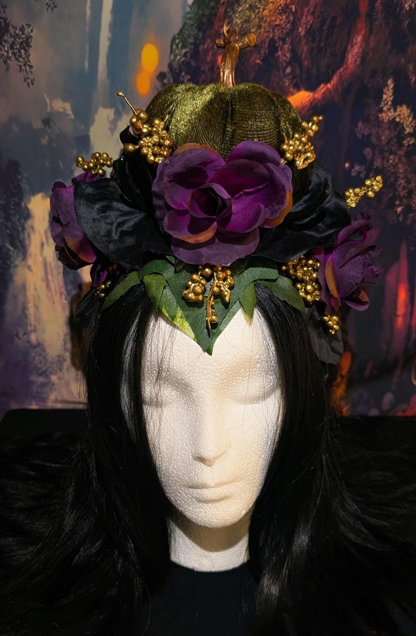 Nightshade Green Pumpkin Headdress Violet Rose Gold Berry Crown Autumn Faerie Headpiece Fall Harvest Wedding Hair Accessory Woodland Leaves