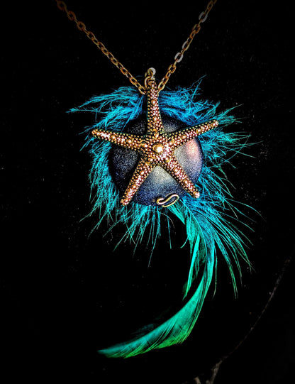 Wild Siren Pendant Necklace Starfish Charm Blue Gem Green Feather Ocean Fantasy Jewelry Mermaid Sea Goddess Festival Accessory