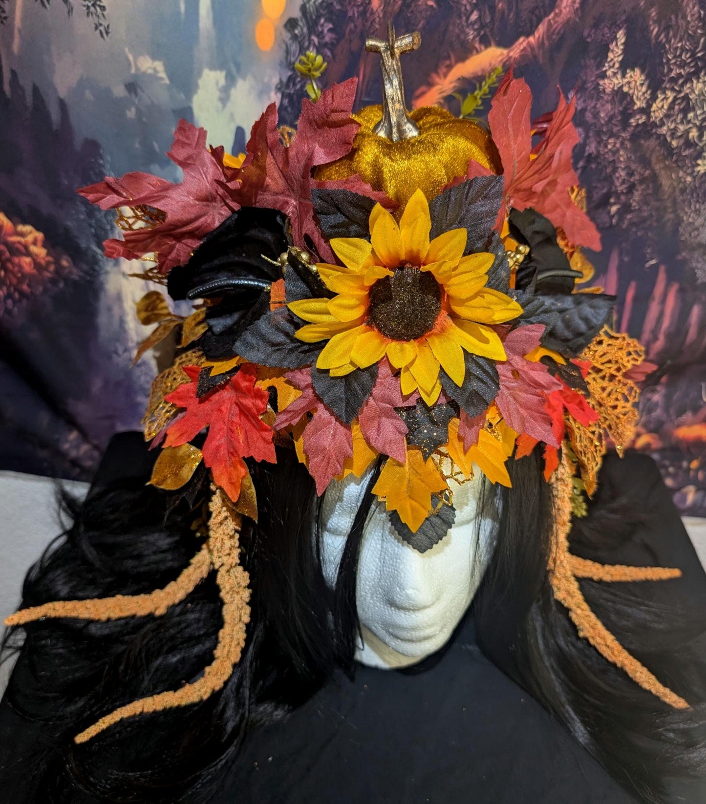 Fall Pumpkin Queen Headdress Sunflower Maple Leaf Crown Autumn Festival Headpiece Halloween Harvest Costume Faerie Fantasy Wedding