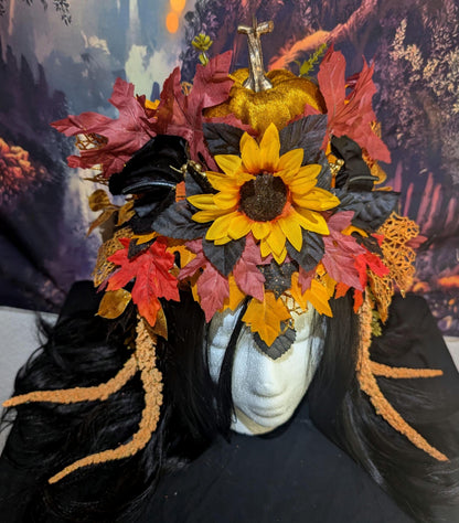 Fall Pumpkin Queen Headdress Sunflower Maple Leaf Crown Autumn Festival Headpiece Halloween Harvest Costume Faerie Fantasy Wedding