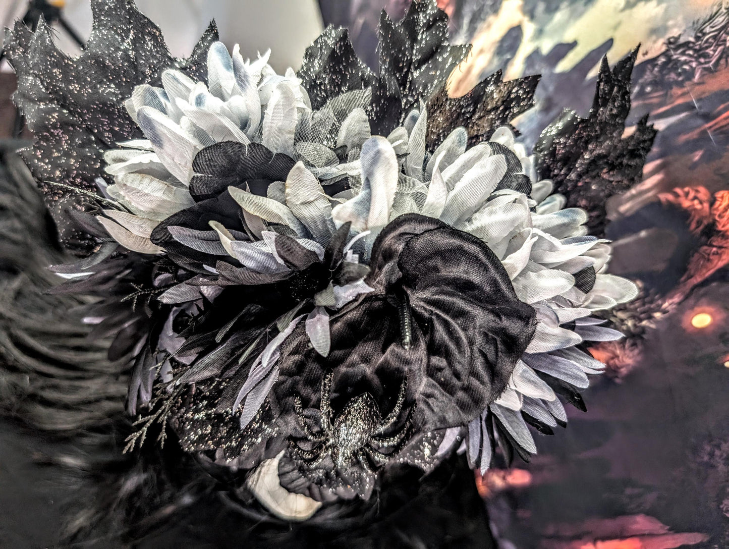 Spider Queen Ghostly Floral Headdress Sparkly Black Maple Leaves Silver Crown Gothic Witch Costume Headpiece Black White Gray Flowers