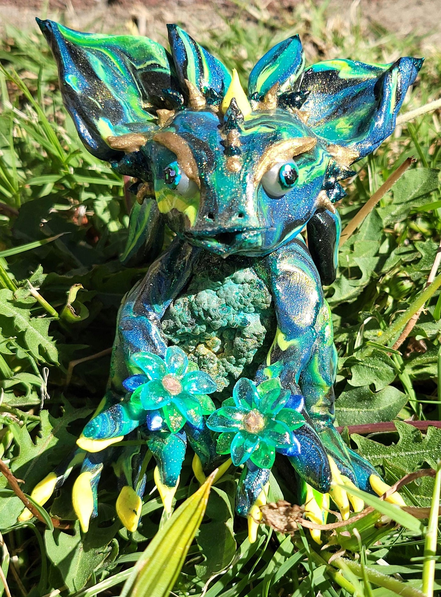 Chrysocolla Malachite Dragon Sculpture  One of a Kind Green Blue Yellow Crystal Dragon Statue Handmade Fantasy Figurine Holding Flowers Gift