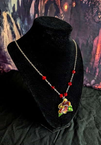 Enchanted Hibiscus Necklace Silver Chain Necklace with Diamond Beading Red Hibiscus Flower Pendant Charm Tropical Floral Jewelry Beach Gift