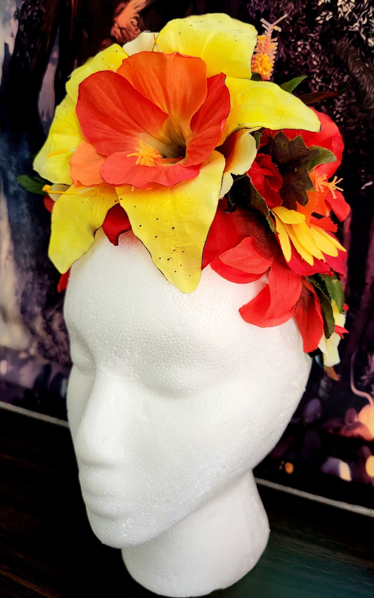 Reversible Fiesta Dia De Los Muertos Headdress Red Hibiscus Yellow Flower Crown Green Leaves Lily Festival Costume Headpiece