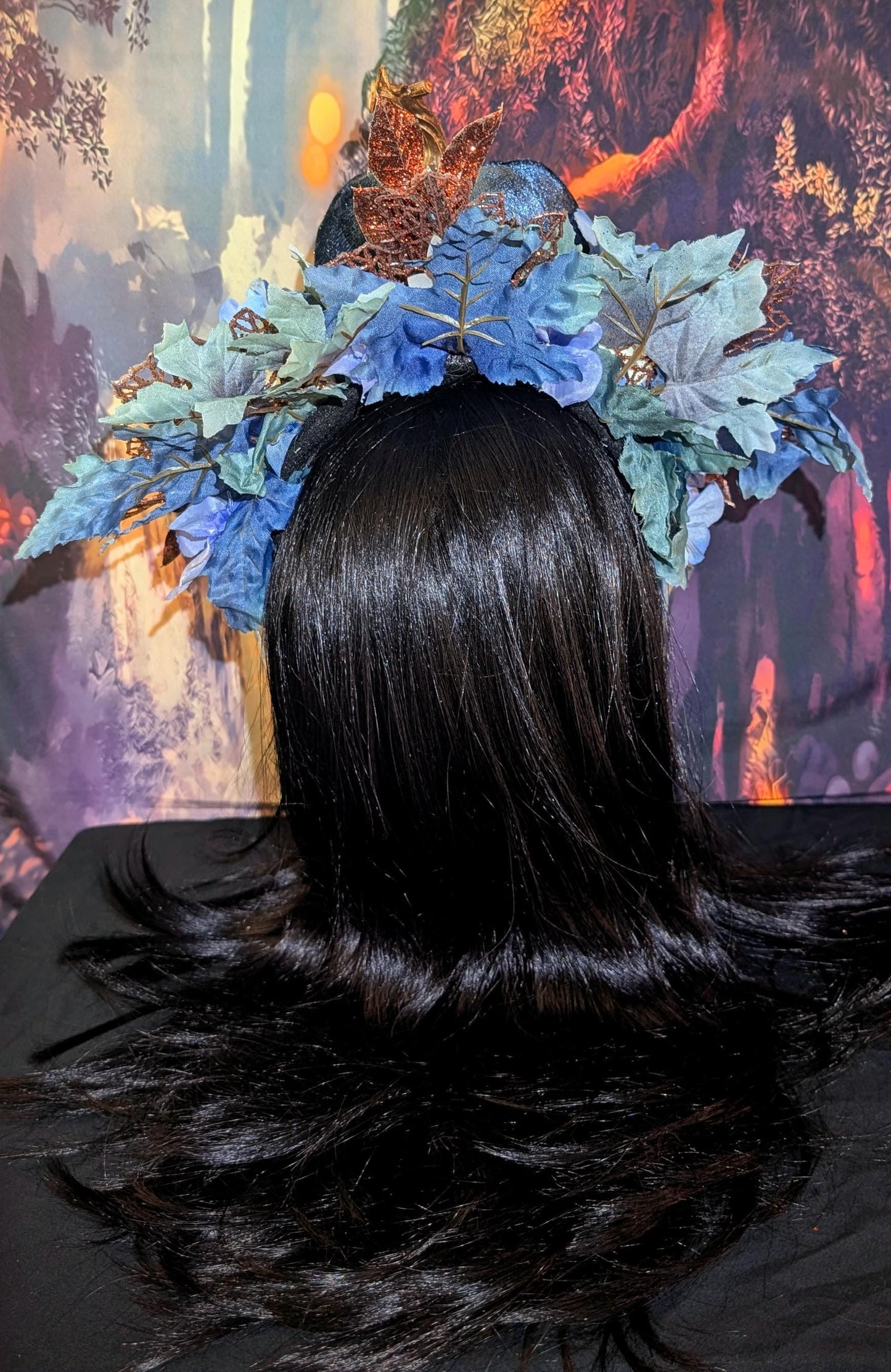 Blue Pumpkin Princess Queen Headdress Fantasy Halloween Crown Maple Leaf Headpiece Autumn Wedding Tiara Fairy Costume Fall Bride Bridal