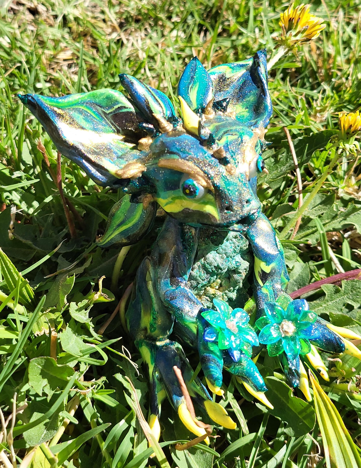 Chrysocolla Malachite Dragon Sculpture  One of a Kind Green Blue Yellow Crystal Dragon Statue Handmade Fantasy Figurine Holding Flowers Gift