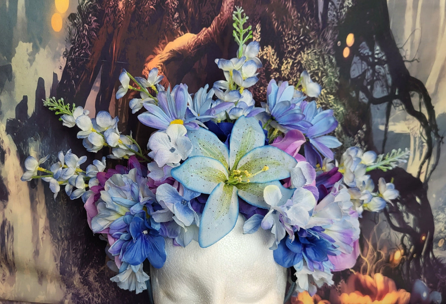 Fairy Queen Headdress Blue Purple Flower Crown with Lilies Fantasy Blossoms Enchanted Faerie Headpiece Festival Cosplay Costume Accessory