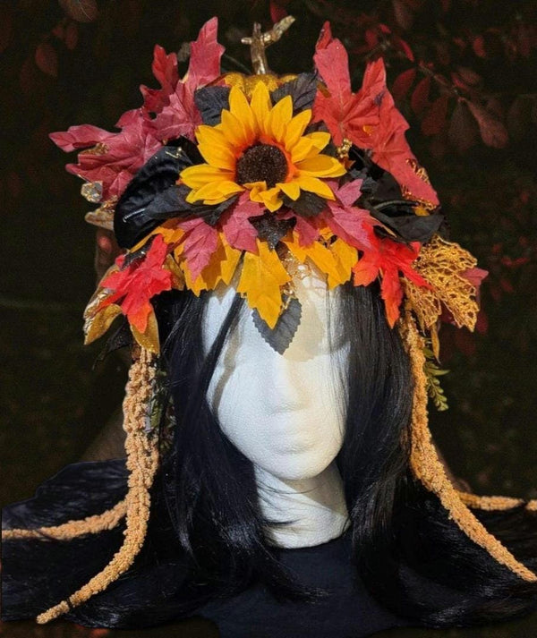 Fall Pumpkin Queen Headdress Sunflower Maple Leaf Crown Autumn Festival Headpiece Halloween Harvest Costume Faerie Fantasy Wedding