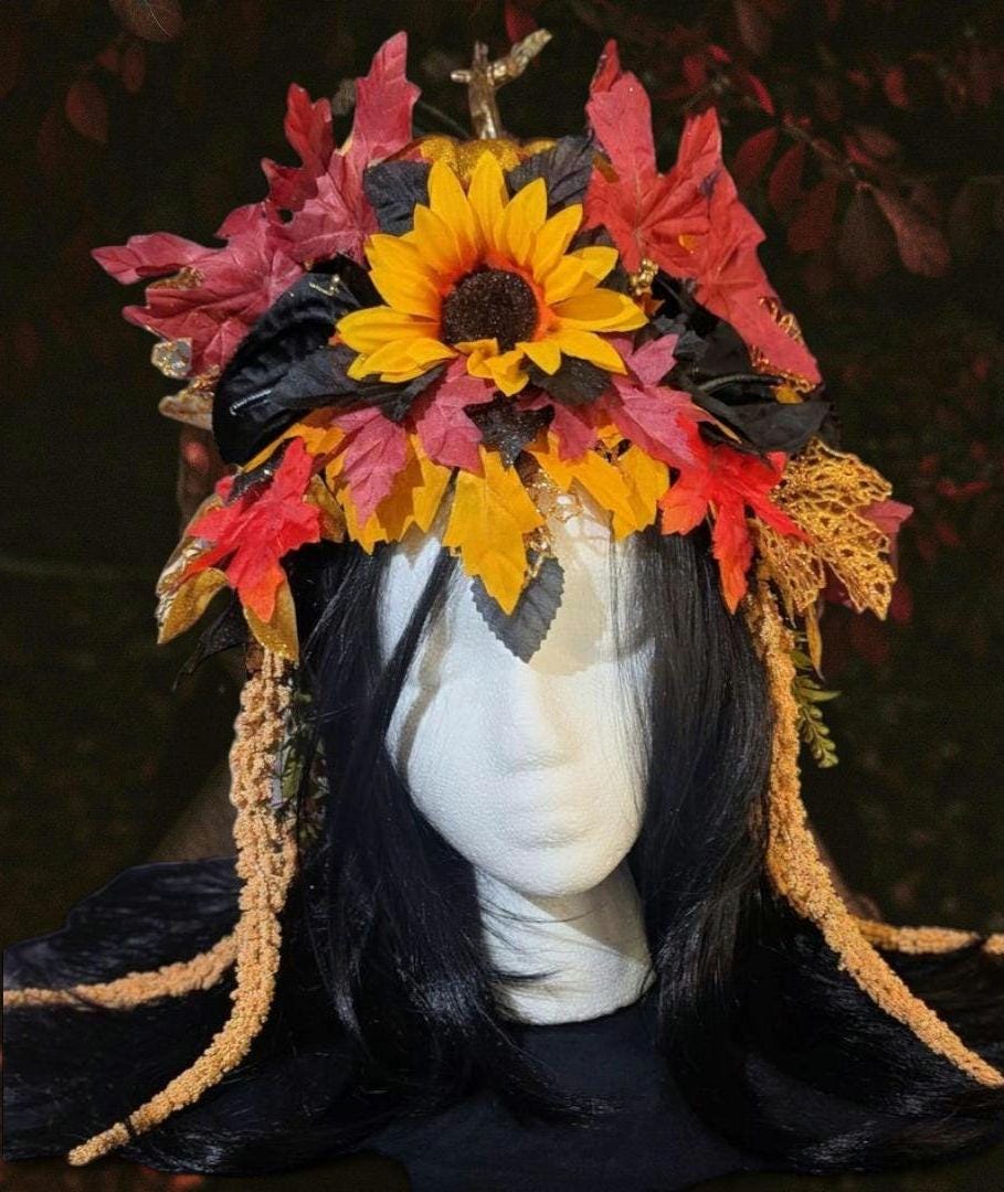 Fall Pumpkin Queen Headdress Sunflower Maple Leaf Crown Autumn Festival Headpiece Halloween Harvest Costume Faerie Fantasy Wedding