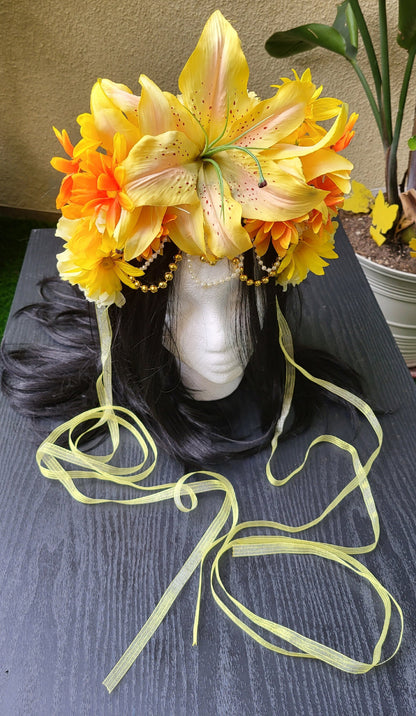 FaeYellow Fairy Headdress Sunflower Lily Flower Crown with Golden Beads & Ribbons Fantasy Festival Headpiece Faerie Costume Cosplay Wedding