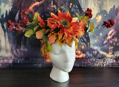 Goddess of Autumn Reversible Crown Fall Flower Crown Sunflower Orange Red Flowers Green Leaf Headdress Festival Cosplay Headpiece