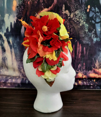 Reversible Fiesta Dia De Los Muertos Headdress Red Hibiscus Yellow Flower Crown Green Leaves Lily Festival Costume Headpiece
