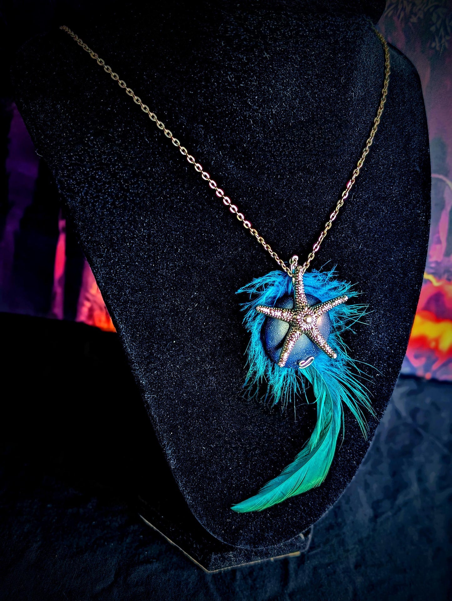 Wild Siren Pendant Necklace Starfish Charm Blue Gem Green Feather Ocean Fantasy Jewelry Mermaid Sea Goddess Festival Accessory