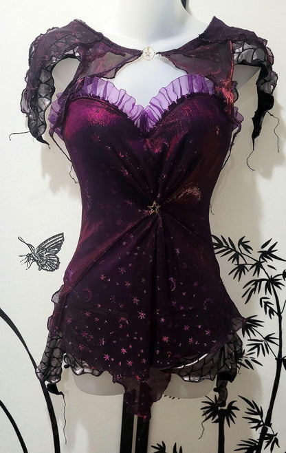 Witch Faerie Stars Moon Corset Lingerie Purple Red Mesh Star Print Sheer Overlay Dragon Scales Skirt Tendril Sleeves Fingerless Gloves Fairy