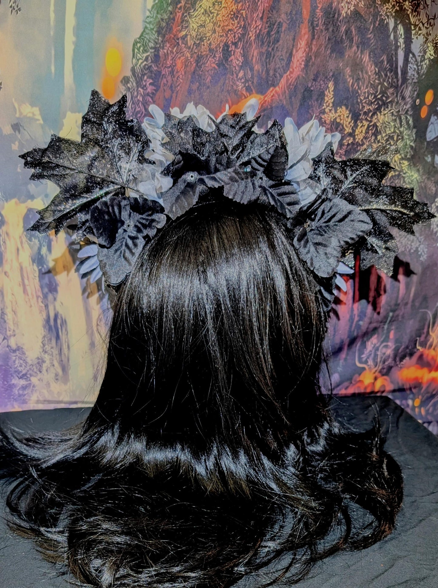 Spider Queen Ghostly Floral Headdress Sparkly Black Maple Leaves Silver Crown Gothic Witch Costume Headpiece Black White Gray Flowers