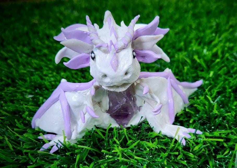 Amethyst Dragon Sculpture White & Purple Dragon Figurine Crystal Fantasy Dragon Statue Gemstone Chest Mythical Creature Collectible Gift