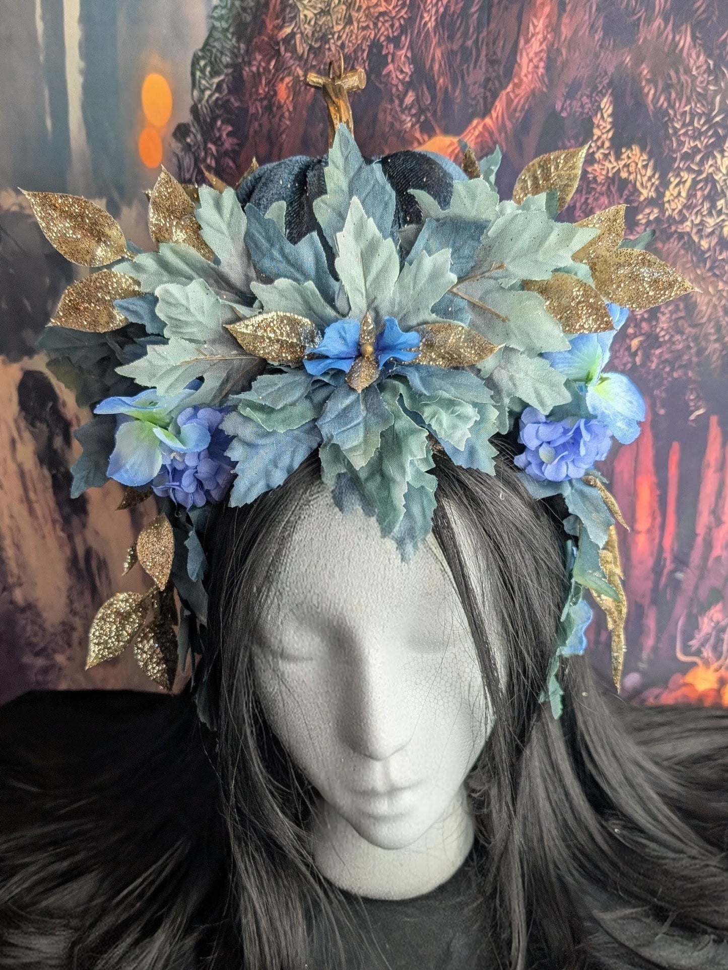 Reversible Blue Pumpkin Queen Headdress Fantasy Halloween Crown Maple Leaf Headpiece Autumn Wedding Tiara Fairy Costume Fall Bride Bridal