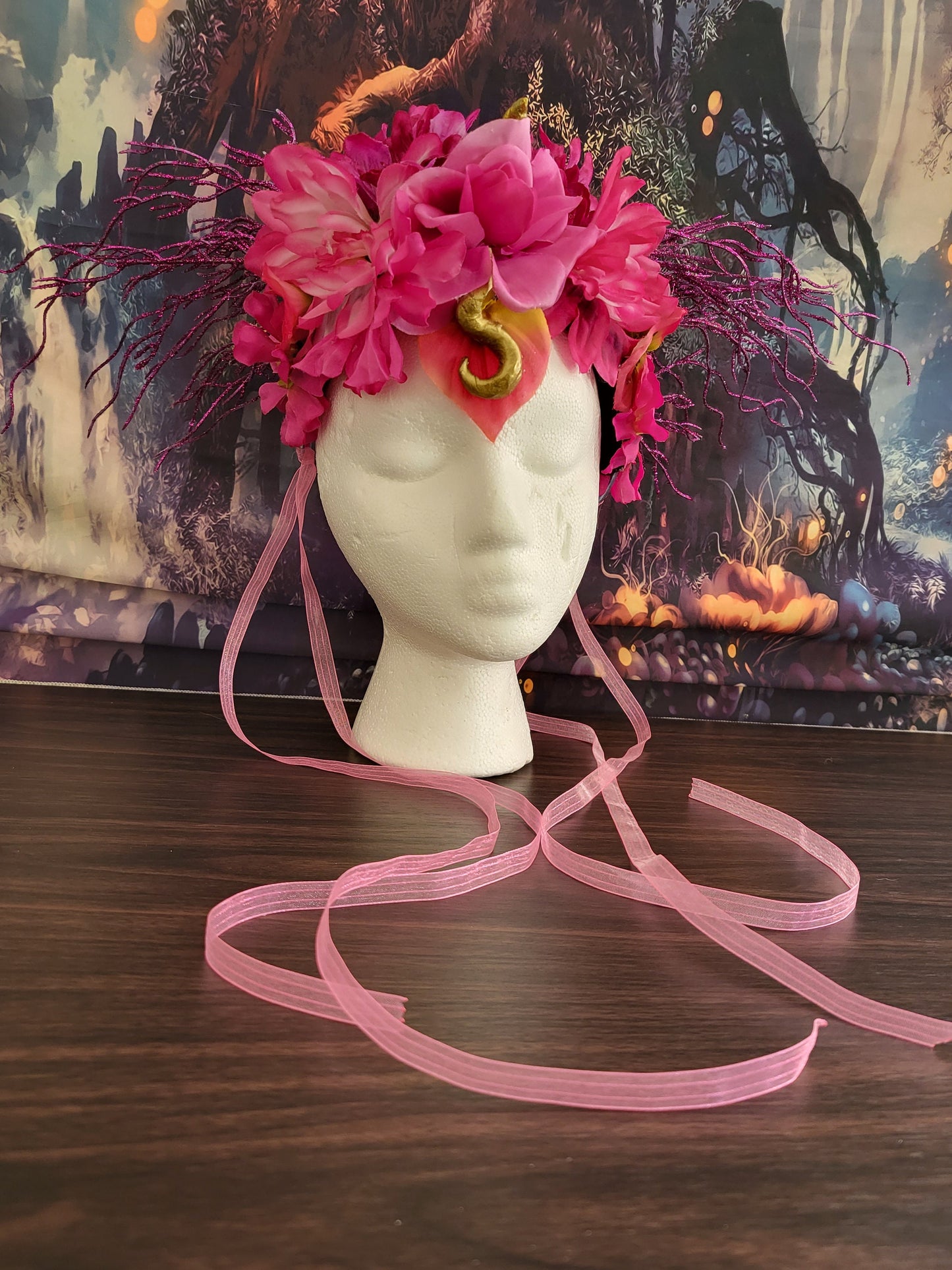 Unicorn Queen Headdress Hot Pink Flower Crown Gold Dragon Horns Fantasy Cosplay Headpiece Festival Costume Fairycore Faerie Accessories