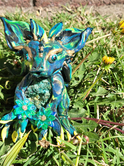Chrysocolla Malachite Dragon Sculpture  One of a Kind Green Blue Yellow Crystal Dragon Statue Handmade Fantasy Figurine Holding Flowers Gift