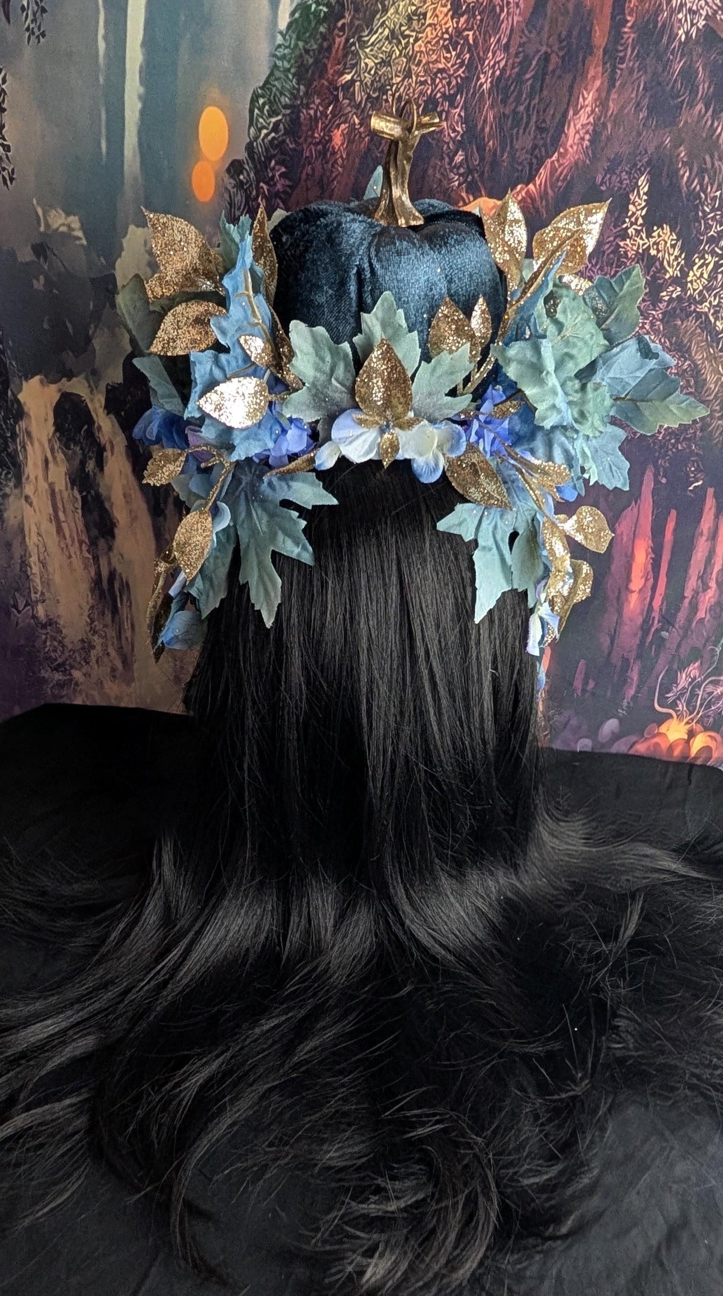 Reversible Blue Pumpkin Queen Headdress Fantasy Halloween Crown Maple Leaf Headpiece Autumn Wedding Tiara Fairy Costume Fall Bride Bridal